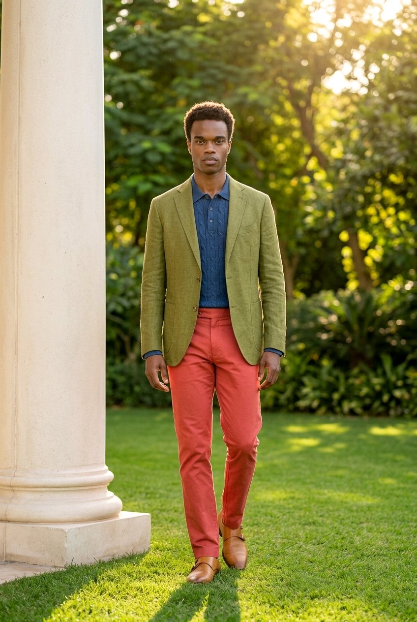 A man walking outdoors on a grassy lawn next to a large white column, wearing a light olive green blazer, a blue polo shirt, and coral orange trousers.