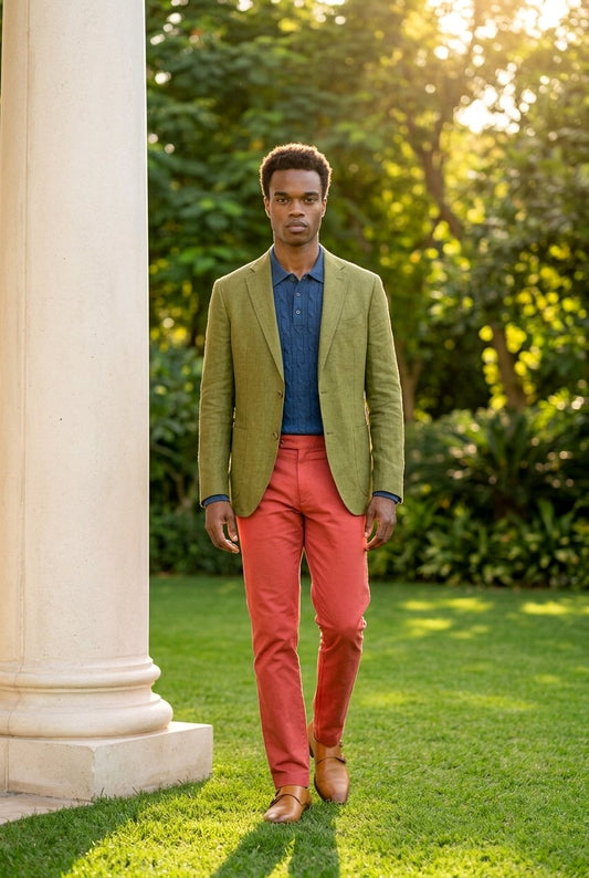A man walking outdoors on a grassy lawn next to a large white column, wearing a light olive green blazer, a blue polo shirt, and coral orange trousers.