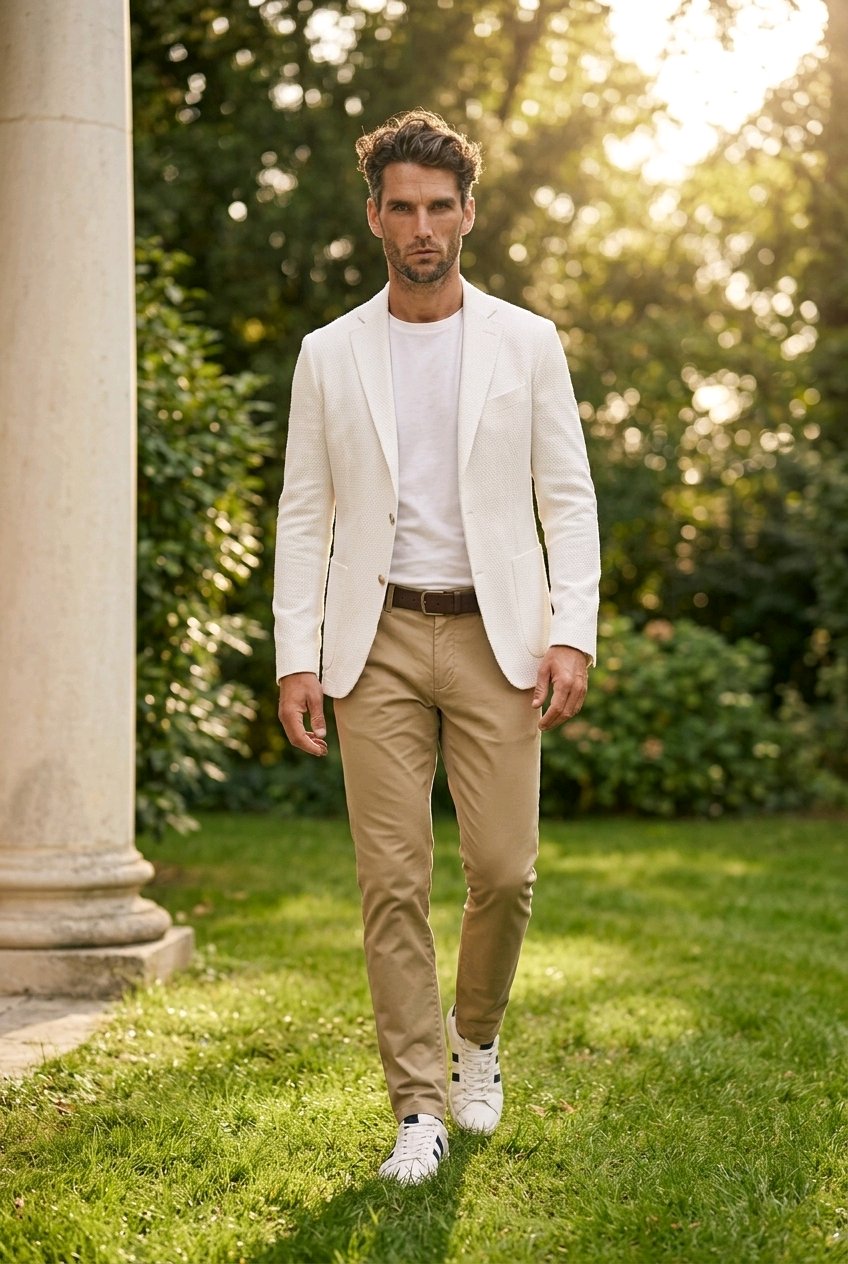 A man walking outdoors on a grassy lawn wearing a white blazer, white t-shirt, khaki trousers, and white sneakers, with a classical stone column on the left and a sunlit garden background.
