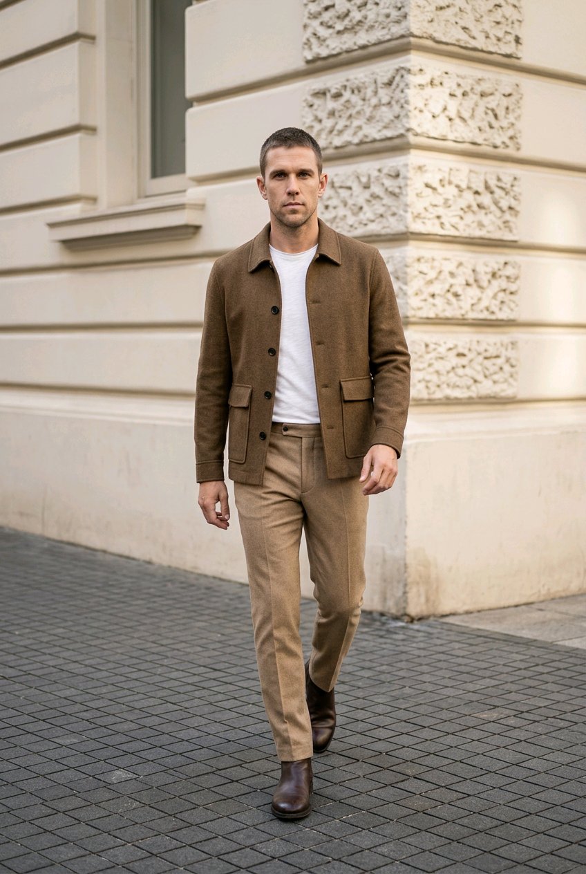 A man walking outdoors on a paved street in front of a beige stone building, wearing a brown corduroy jacket over a white t-shirt, tan trousers, and dark brown leather shoes.