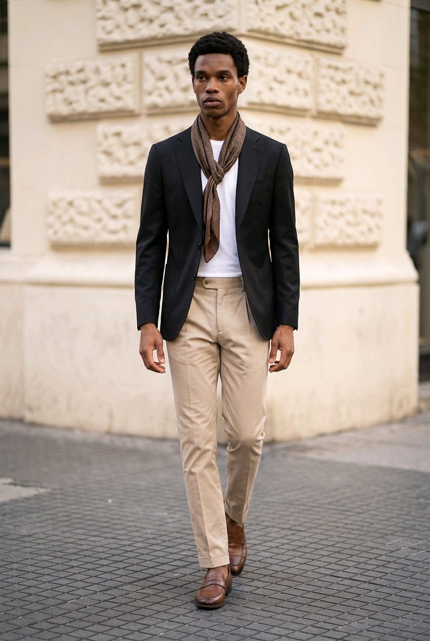 A man walking outdoors wearing a black blazer, beige trousers, a white t-shirt, a brown patterned scarf, and brown leather loafers, set against a cream-colored stone building.