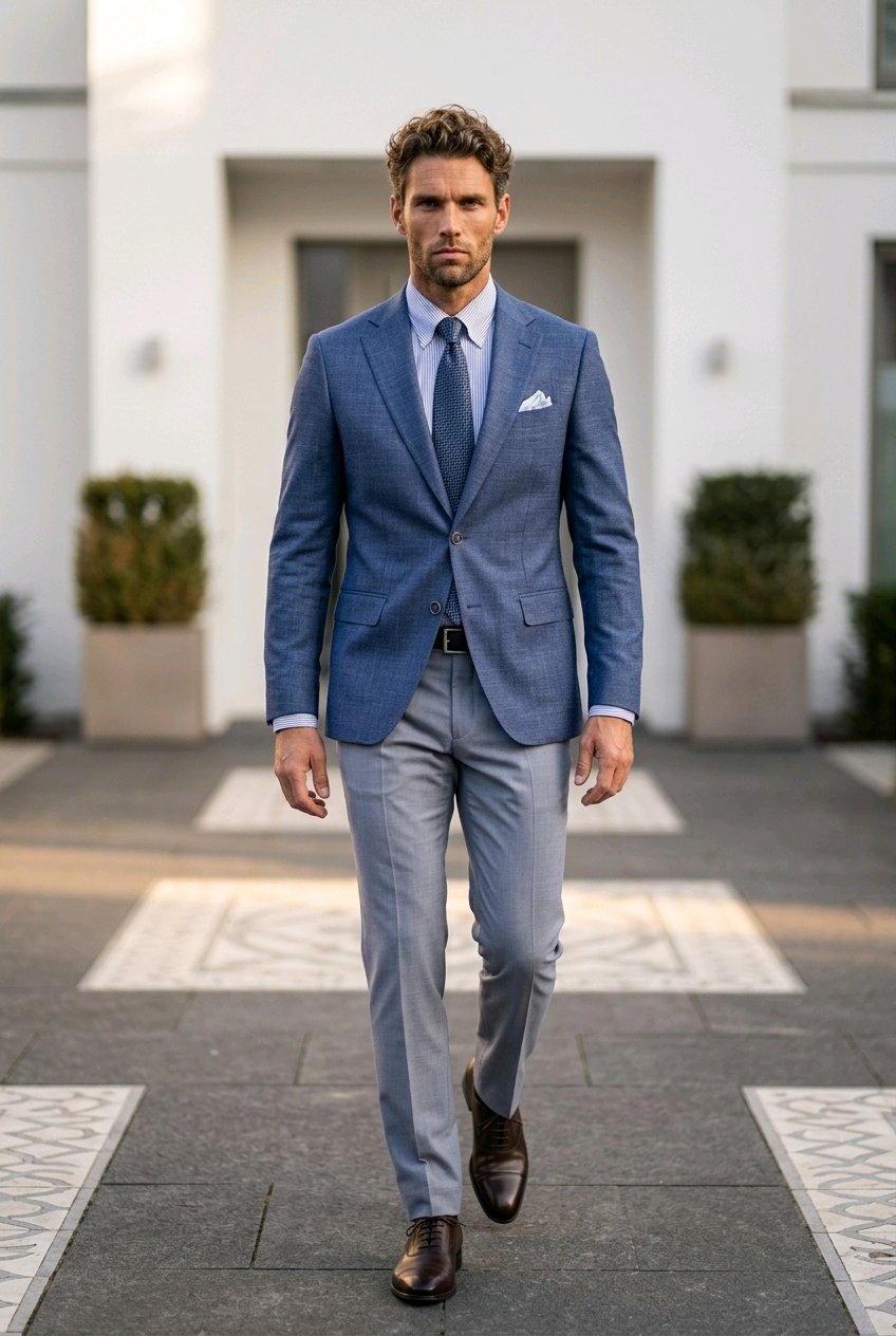 A man walking outdoors wearing a blue textured blazer, light blue dress pants, a blue tie, and brown leather dress shoes in front of a modern white building.