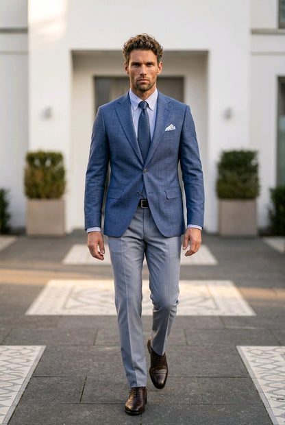 A man walking outdoors wearing a blue textured blazer, light blue dress pants, a blue tie, and brown leather dress shoes in front of a modern white building.