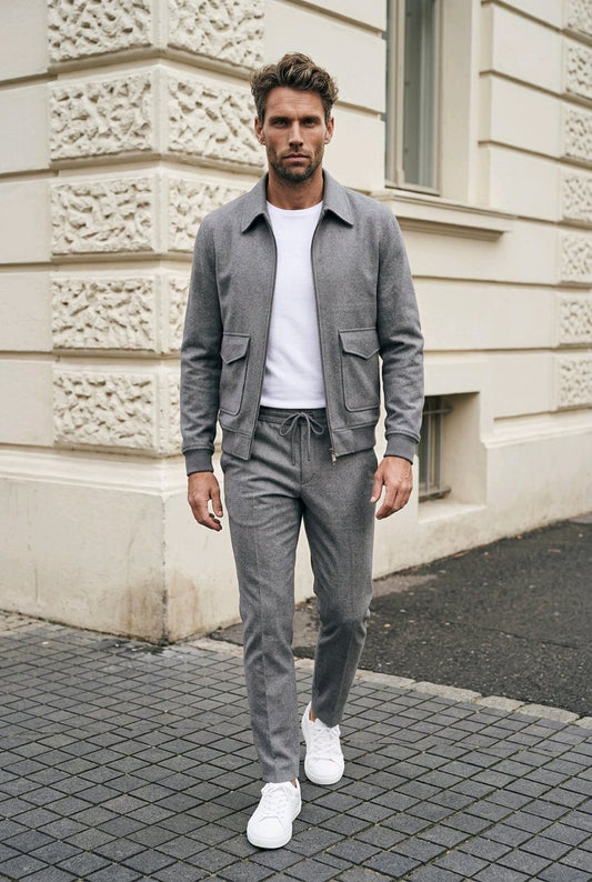 A man walking outdoors wearing a gray zip-up jacket, gray drawstring trousers, a white t-shirt, and white sneakers in front of a beige stone building.