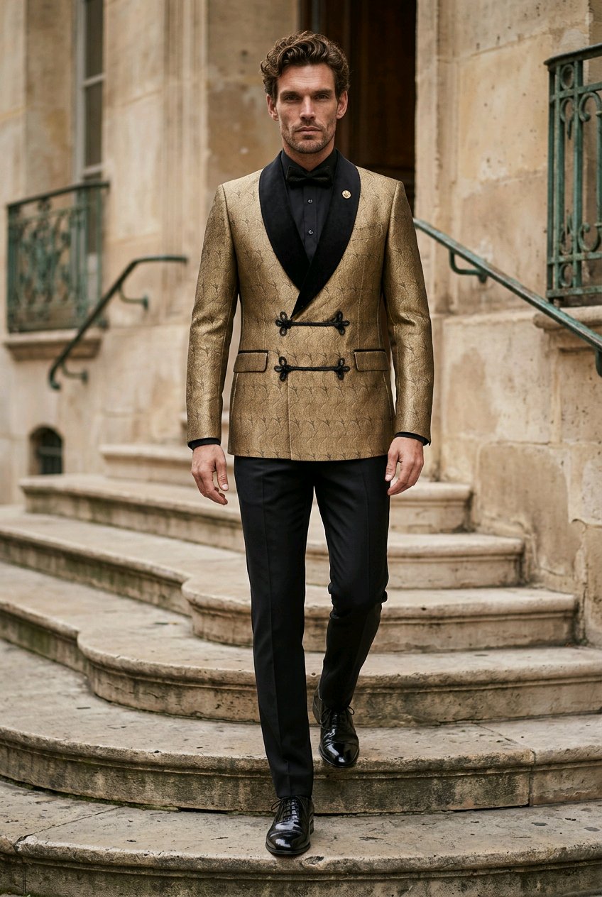 A man walks down stone stairs wearing a gold patterned double-breasted blazer with black satin lapels, black trousers, and a black bow tie.