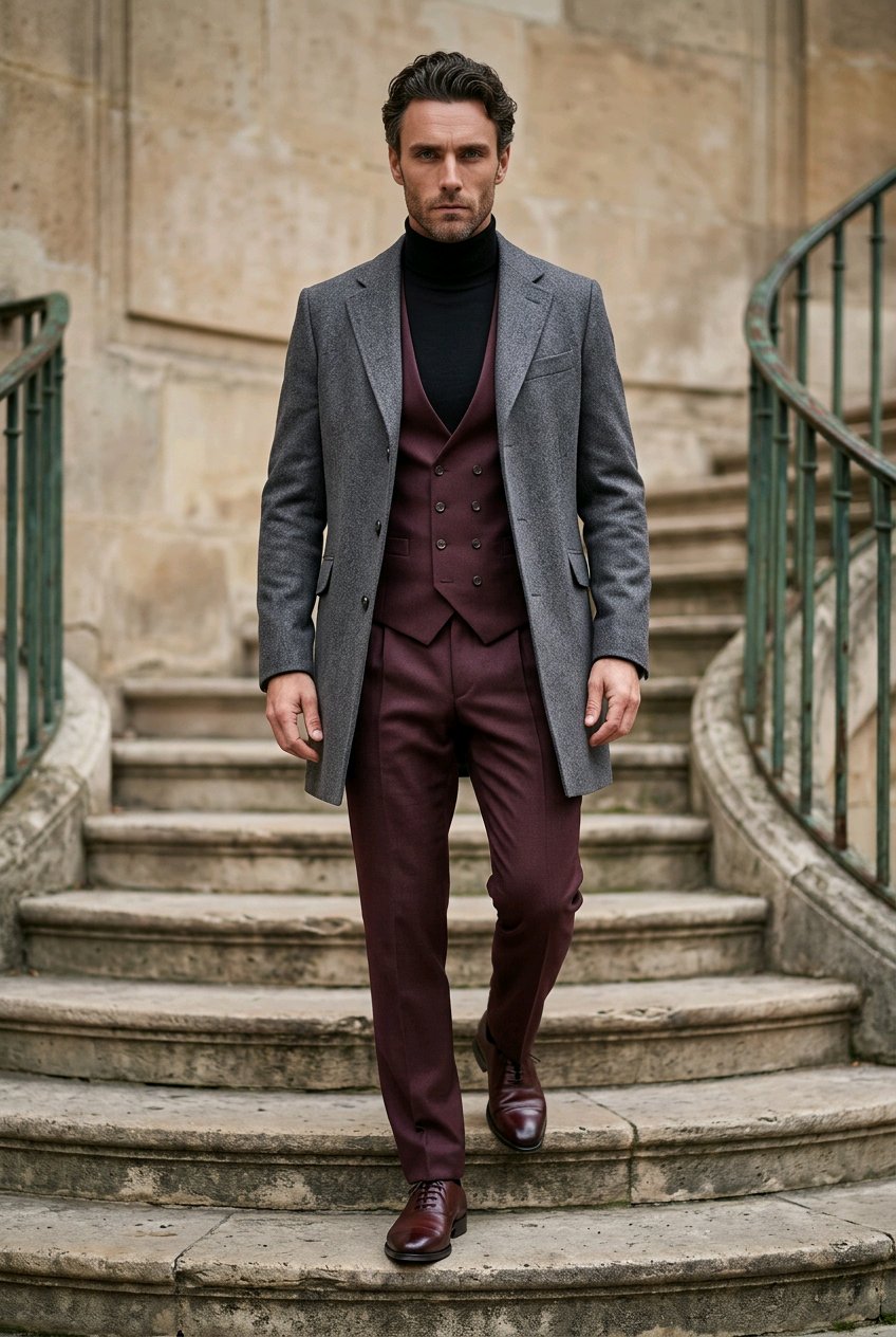 A man walks down stone stairs wearing a gray overcoat, black turtleneck, burgundy three-piece suit, and dark brown dress shoes.
