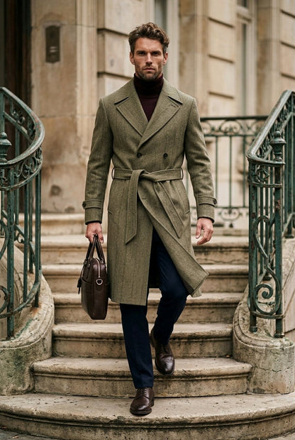 A man walks down stone stairs wearing a long olive green wool-blend overcoat over a dark turtleneck, navy trousers, and brown leather shoes, while carrying a brown leather briefcase.