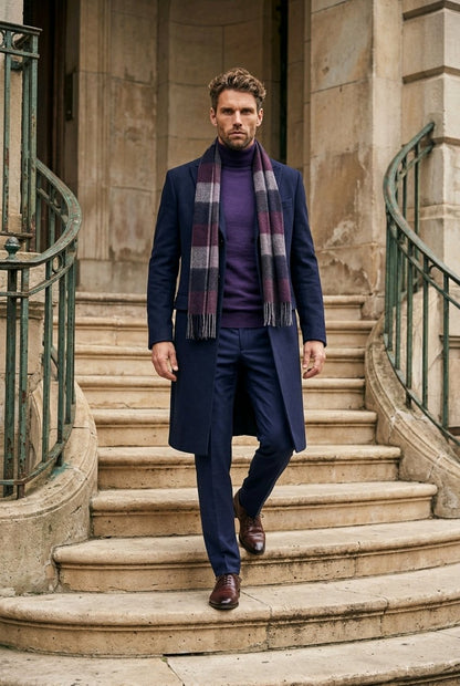 A man walks down stone stairs wearing a navy blue overcoat and trousers, a purple turtleneck sweater, and a dark plaid scarf with purple and gray tones.