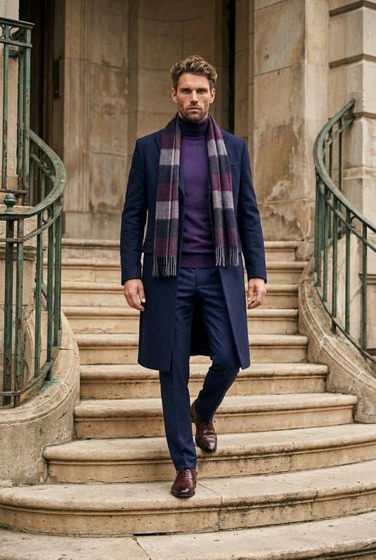A man walks down stone stairs wearing a navy blue overcoat and trousers, a purple turtleneck sweater, and a dark plaid scarf with purple and gray tones.
