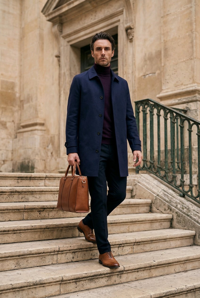 A man walks down stone stairs wearing a navy blue overcoat over a dark purple turtleneck sweater, dark trousers, and brown leather shoes, while carrying a brown leather briefcase bag.