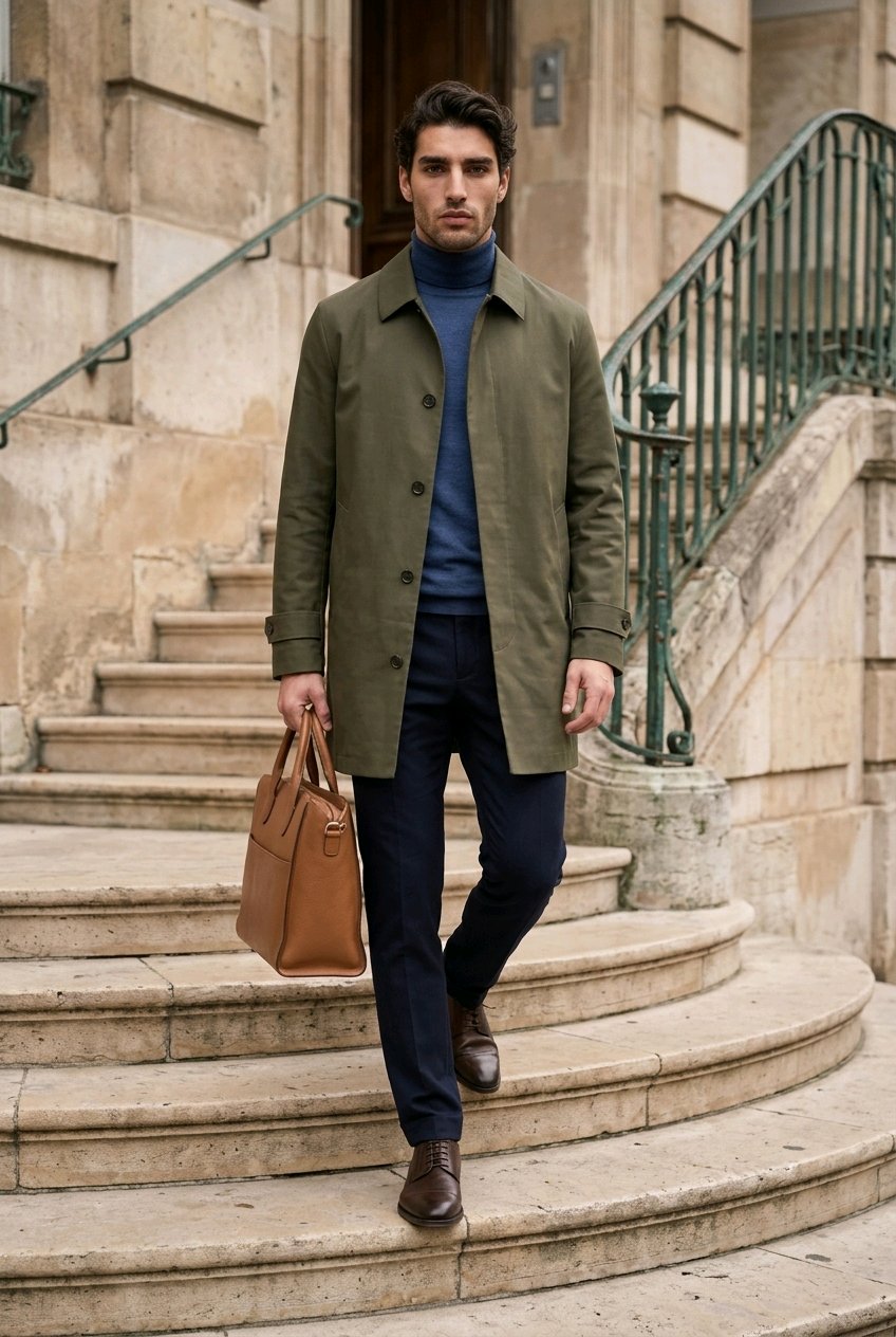 A man walks down stone stairs wearing an olive green trench coat over a navy blue turtleneck sweater, dark trousers, and brown leather shoes, while carrying a tan leather briefcase.