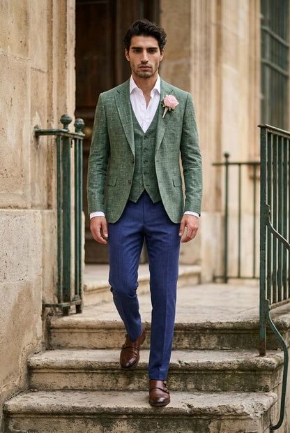 A man walks down stone steps wearing a green textured blazer and vest with blue trousers, a white shirt, and a pink boutonniere.