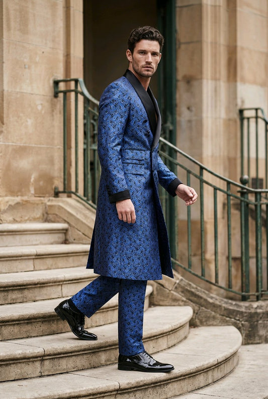 A man walks down stone steps wearing a long blue patterned coat with black lapels and matching blue patterned trousers, paired with black dress shoes.
