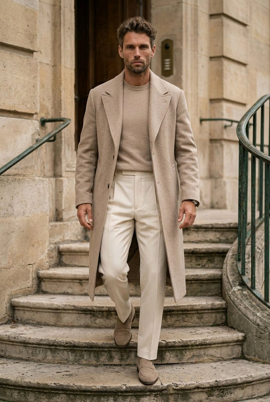 A man wearing a beige overcoat, beige sweater, cream trousers, and beige loafers walks down stone stairs in front of a stone building.