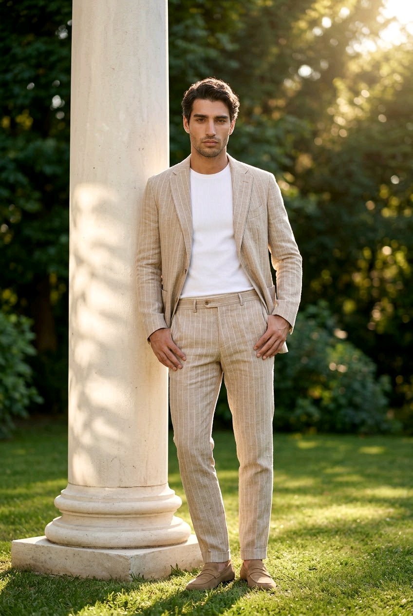 A man wearing a beige pinstripe blazer and matching trousers over a white t-shirt, standing outdoors next to a large white column on a grassy lawn with trees in the background.