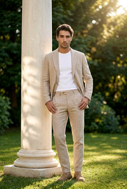 A man wearing a beige pinstripe blazer and matching trousers over a white t-shirt, standing outdoors next to a large white column on a grassy lawn with trees in the background.