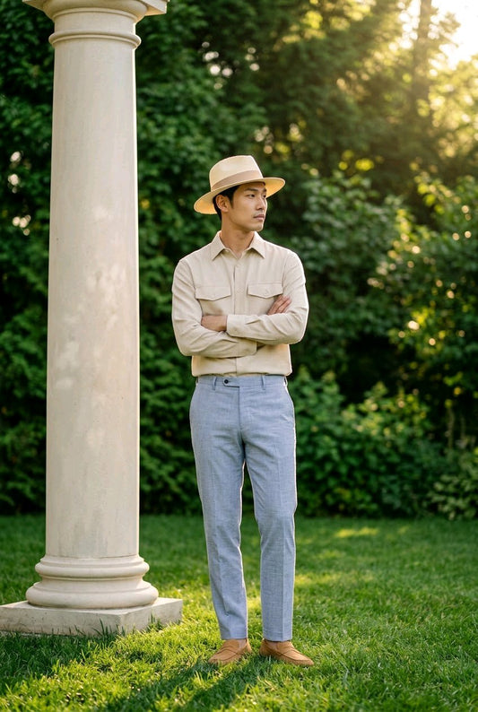 A man wearing a beige wide-brim hat, a light beige button-up shirt, and light blue trousers stands outdoors next to a white column on a grassy lawn with trees in the background.