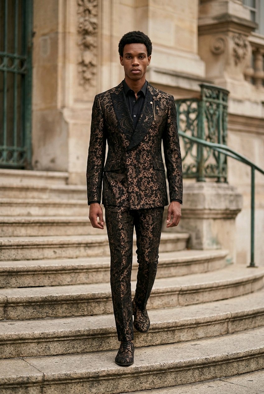 A man wearing a black and brown floral lace suit walks down stone steps in front of a classical stone building.