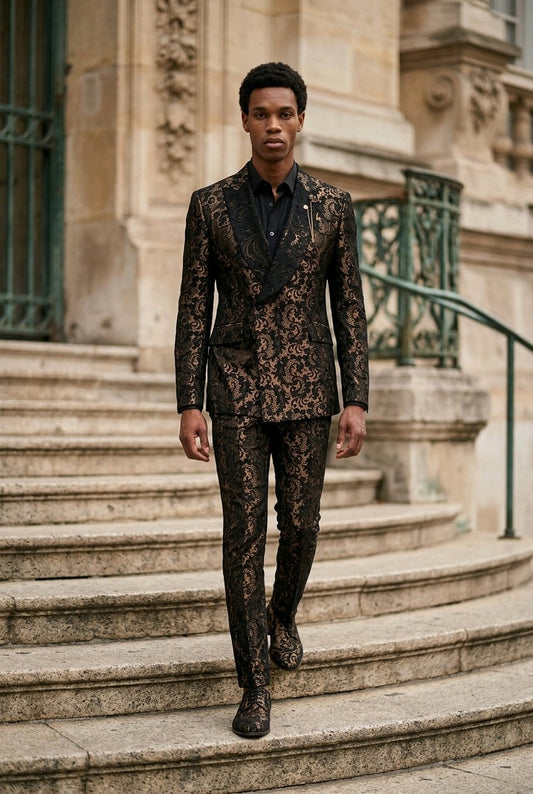 A man wearing a black and brown floral lace suit walks down stone steps in front of a classical stone building.