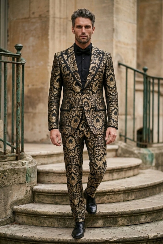 A man wearing a black and gold patterned suit with a black shirt and bow tie walks down stone stairs in front of a classical stone building.