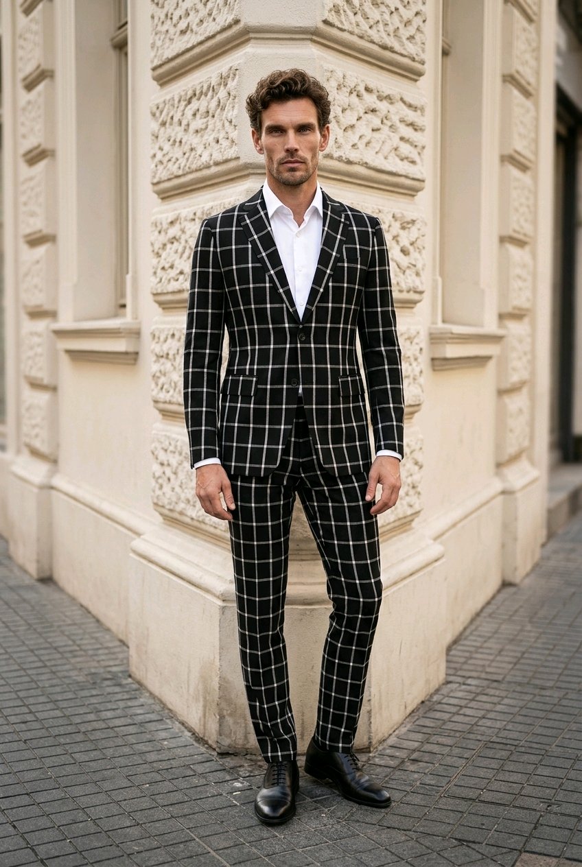 A man wearing a black and white windowpane plaid suit with a white dress shirt and black dress shoes, standing on a paved street in front of a beige stone building.