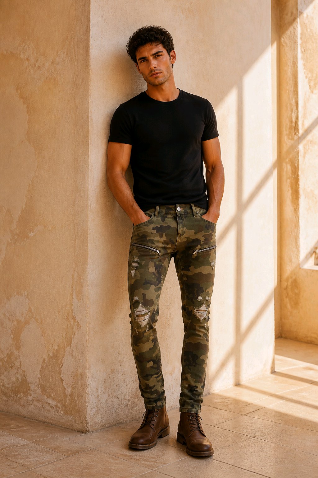 A man wearing a black crewneck t-shirt and camouflage slim-fit jeans with distressed details, standing in a warm, sunlit room with textured beige walls.