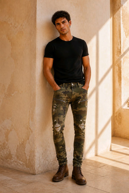A man wearing a black crewneck t-shirt and camouflage slim-fit jeans with distressed details, standing in a warm, sunlit room with textured beige walls.