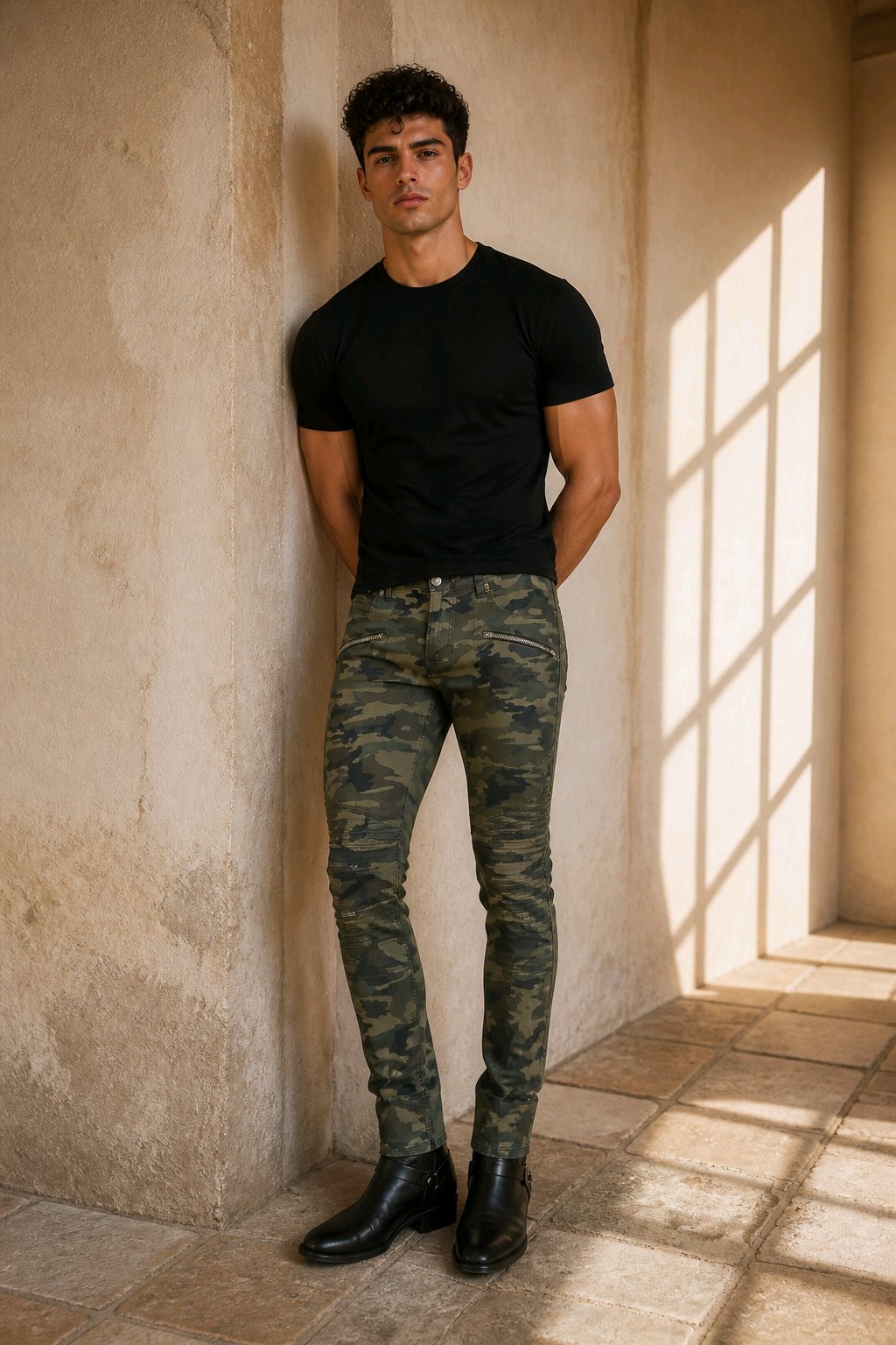 A man wearing a black crewneck t-shirt and slim-fit camouflage pants, leaning against a textured beige plaster wall in a sunlit room.