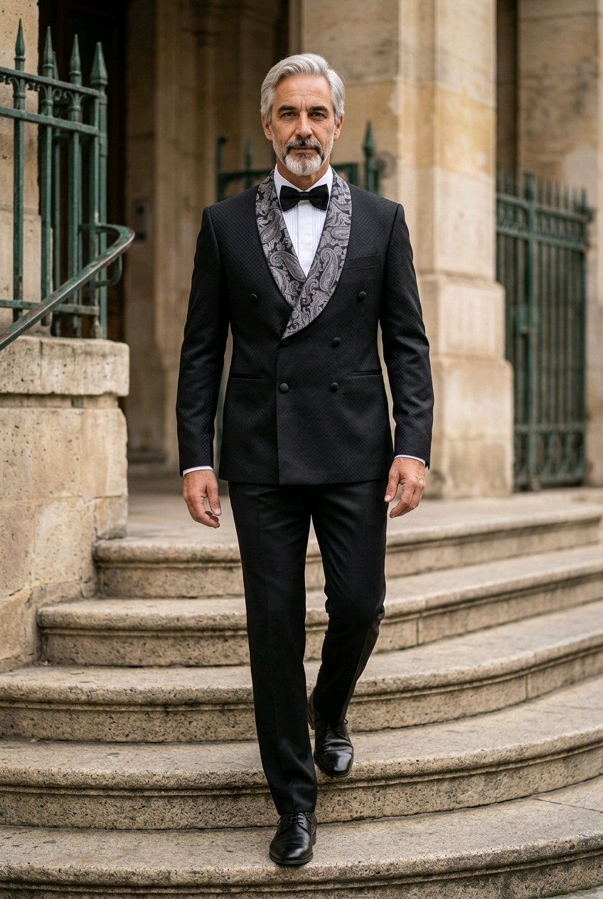A man wearing a black double-breasted tuxedo with a patterned gray and black shawl collar, black bow tie, and black dress shoes, walking down stone steps in front of a classical building.