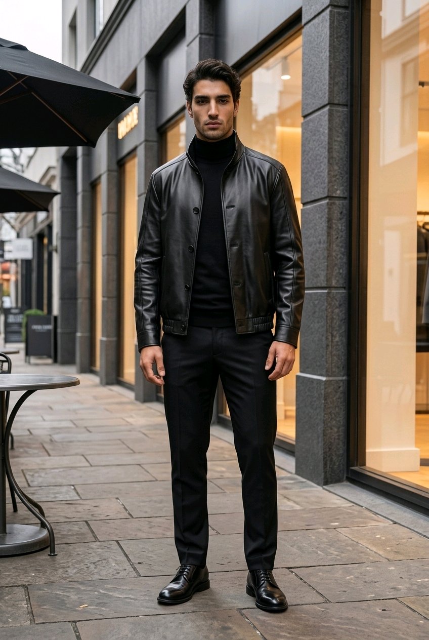 A man wearing a black leather jacket, black turtleneck, black trousers, and black leather dress shoes stands on a city sidewalk in front of a storefront.