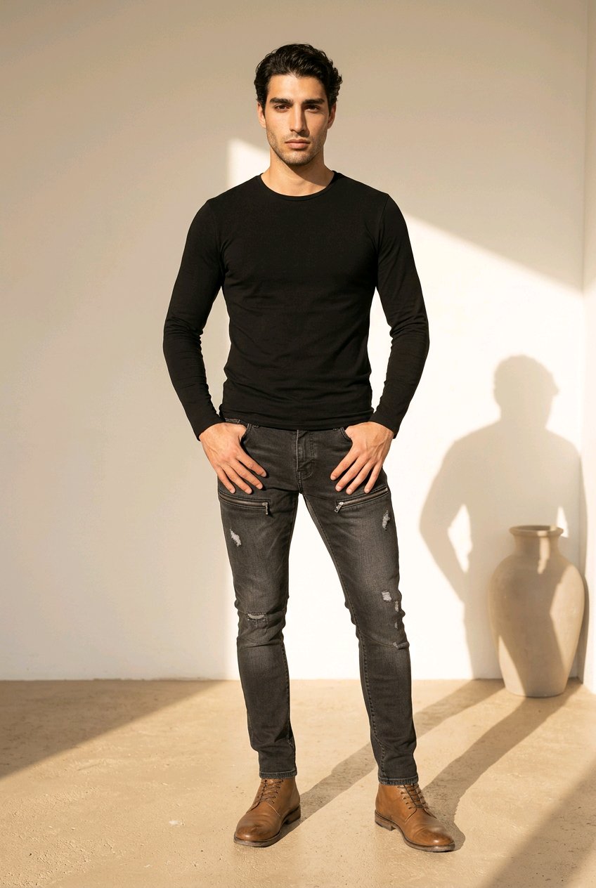 A man wearing a black long-sleeve crewneck shirt, dark gray distressed skinny jeans, and brown leather boots, standing in a brightly lit studio with a warm beige wall and floor.