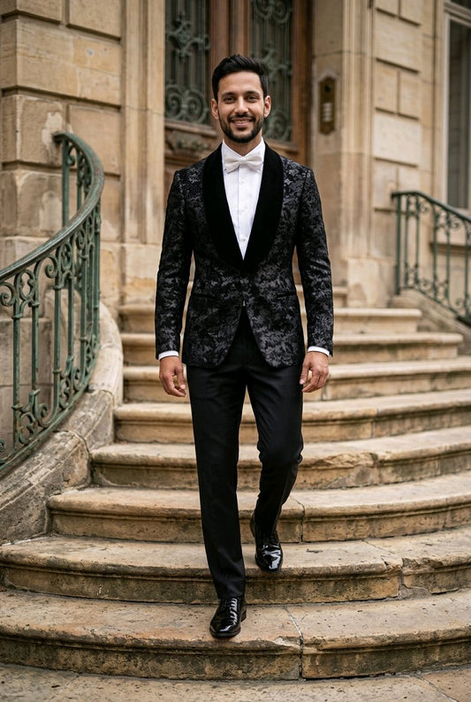 A man wearing a black patterned tuxedo jacket with black satin lapels, black trousers, a white shirt, and a white bow tie walks down stone steps in front of a stone building.