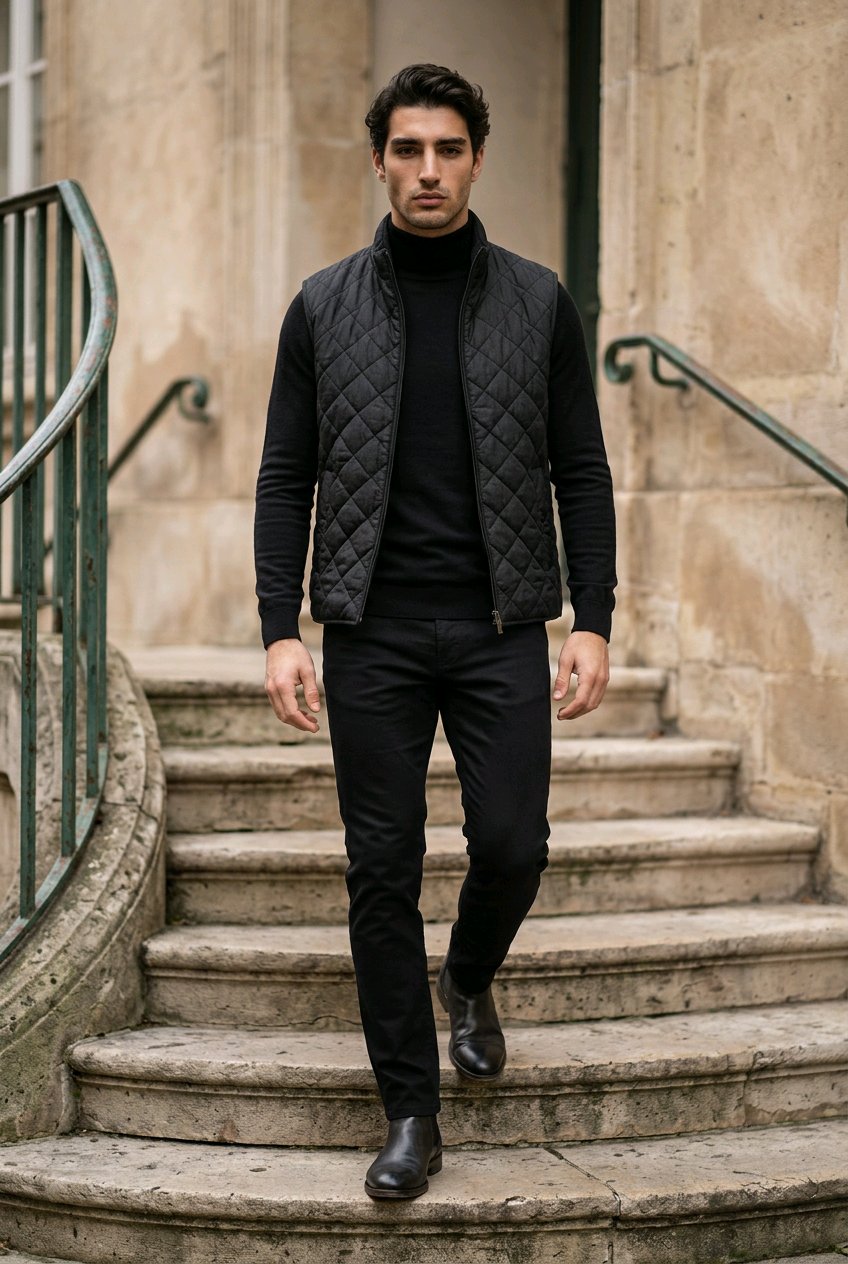 A man wearing a black quilted zip-front vest over a black turtleneck sweater, black trousers, and black boots walks down stone stairs in front of a beige stone building.