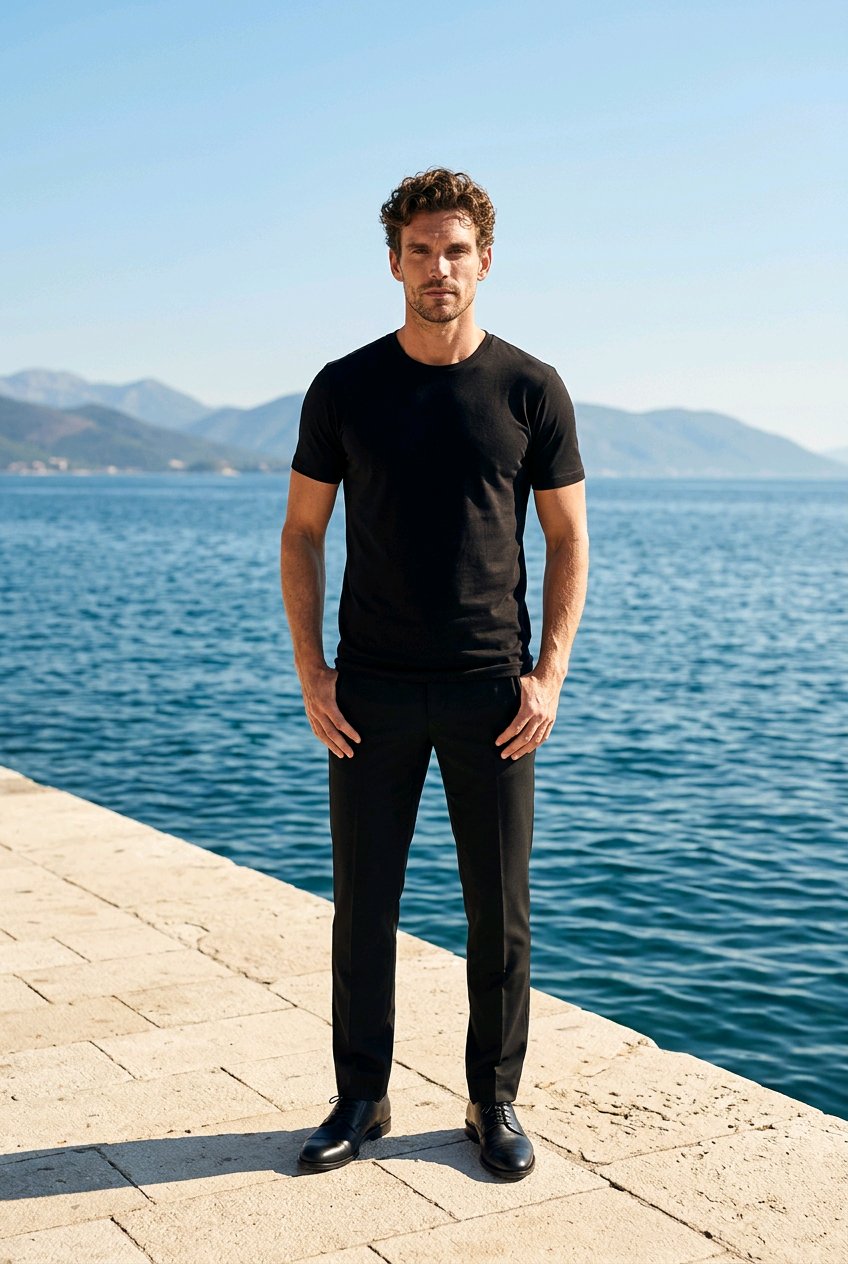 A man wearing a black short-sleeve crewneck t-shirt and black trousers stands on a stone pier with a blue sea and mountains in the background.
