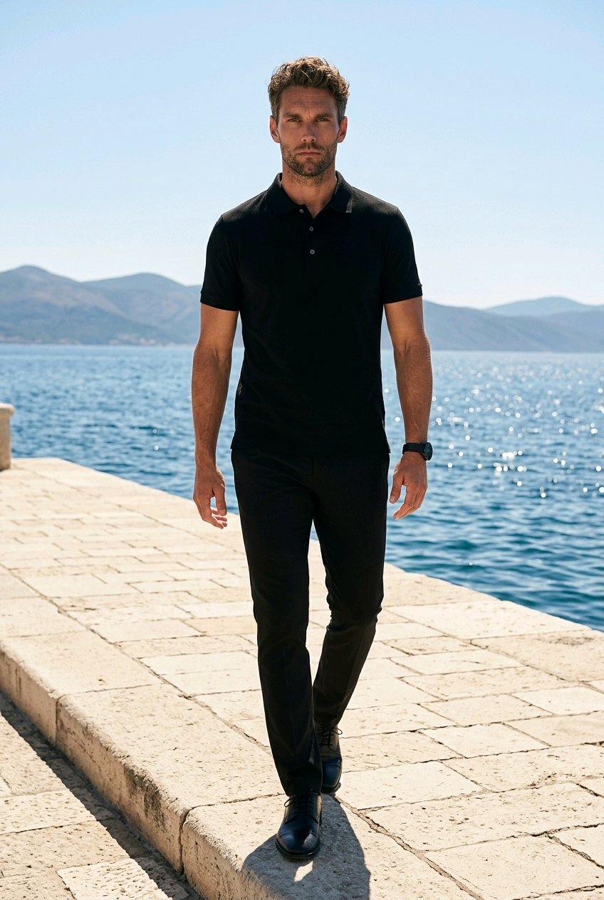 A man wearing a black short-sleeve polo shirt and black trousers walks along a stone pier next to a blue sea with mountains in the background.