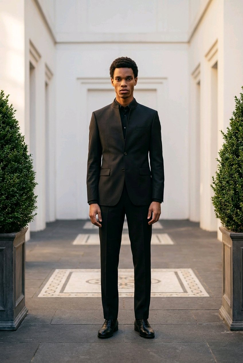 A man wearing a black suit with a high collar and black shirt stands in a formal outdoor corridor flanked by potted topiary trees.