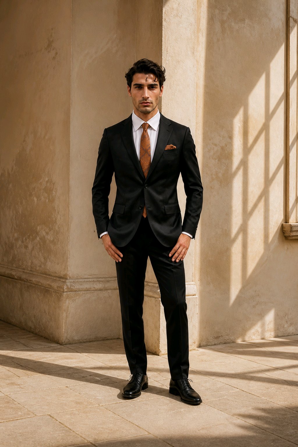 A man wearing a black tailored suit, white dress shirt, and rust-orange tie stands in a sunlit stone corridor with architectural shadows.
