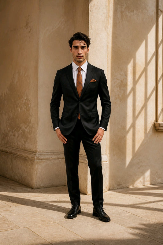 A man wearing a black tailored suit, white dress shirt, and rust-orange tie stands in a sunlit stone corridor with architectural shadows.