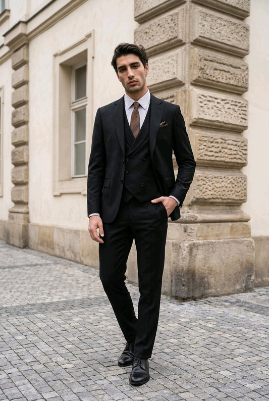 A man wearing a black three-piece suit, white dress shirt, and brown tie stands on a cobblestone street in front of a beige stone building.