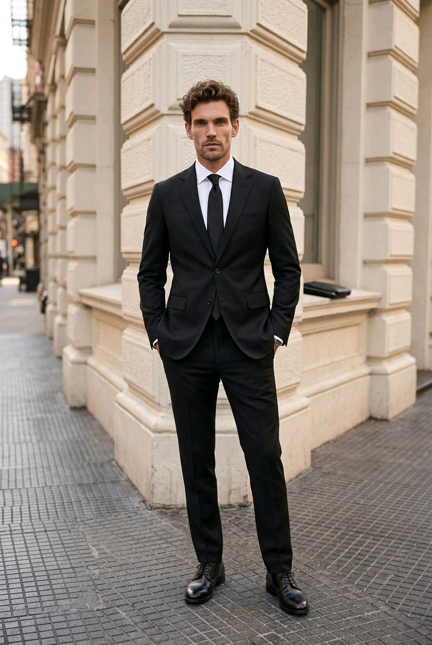 A man wearing a black two-piece suit with a white dress shirt and black tie stands on a city sidewalk in front of a beige stone building.