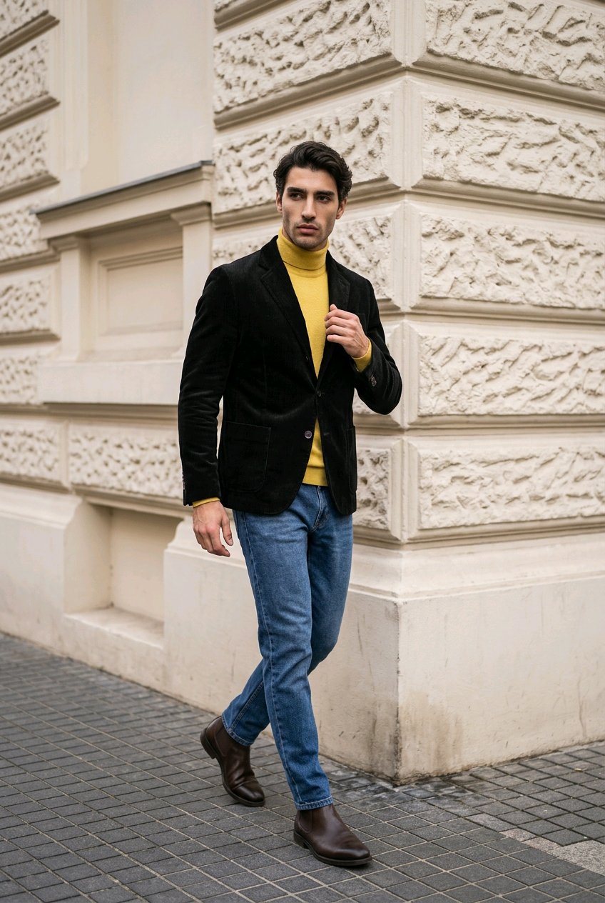 A man wearing a black velvet blazer over a mustard yellow turtleneck sweater, blue jeans, and brown leather boots, walking outdoors against a beige stone building.