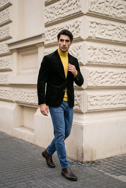 A man wearing a black velvet blazer over a mustard yellow turtleneck sweater, blue jeans, and brown leather boots, walking outdoors against a beige stone building.