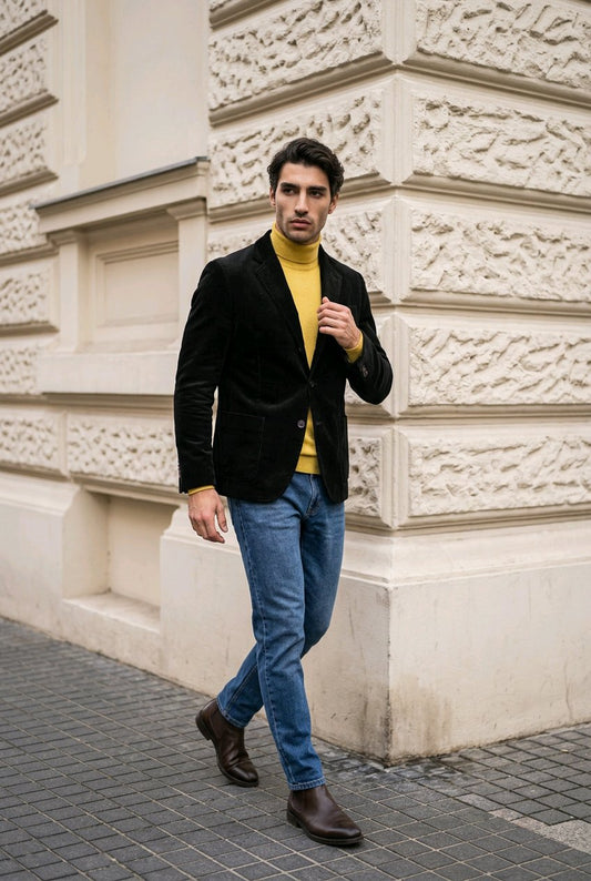 A man wearing a black velvet blazer over a mustard yellow turtleneck sweater, blue jeans, and brown leather boots, walking outdoors against a beige stone building.