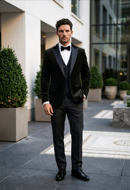 A man wearing a black velvet tuxedo jacket with black satin lapels, a black vest, a white shirt, and a black bow tie, standing outdoors in front of a modern building.