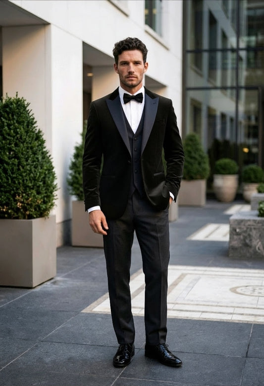 A man wearing a black velvet tuxedo jacket with black satin lapels, a black vest, a white shirt, and a black bow tie, standing outdoors in front of a modern building.