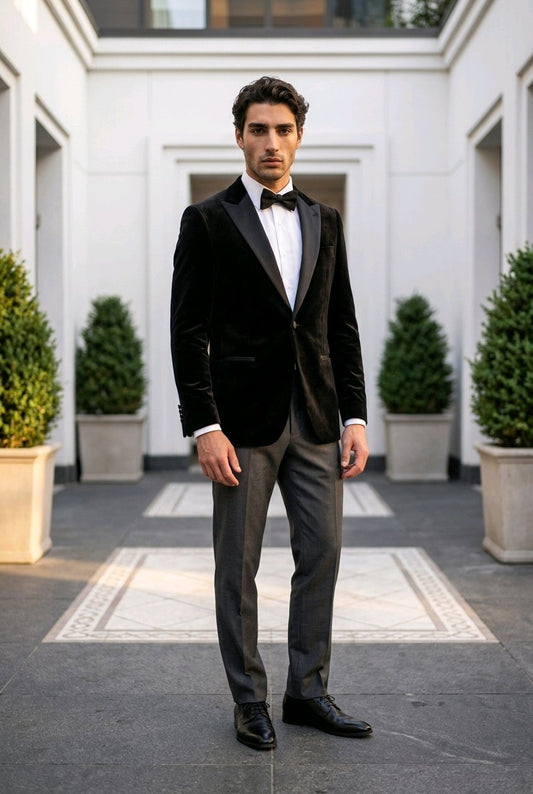 A man wearing a black velvet tuxedo jacket with black satin lapels, a white dress shirt, a black bow tie, and gray trousers, standing in a courtyard setting.