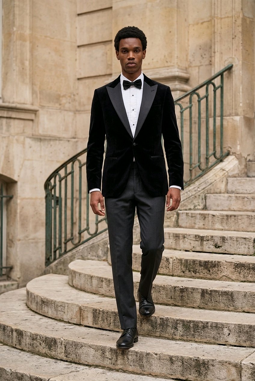 A man wearing a black velvet tuxedo jacket with black satin lapels, a white dress shirt, and a black bow tie walks down stone stairs in front of a classical stone building.