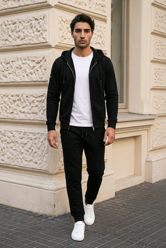 A man wearing a black zip-up hoodie over a white t-shirt, black joggers, and white sneakers, standing outdoors in front of a beige stone building.