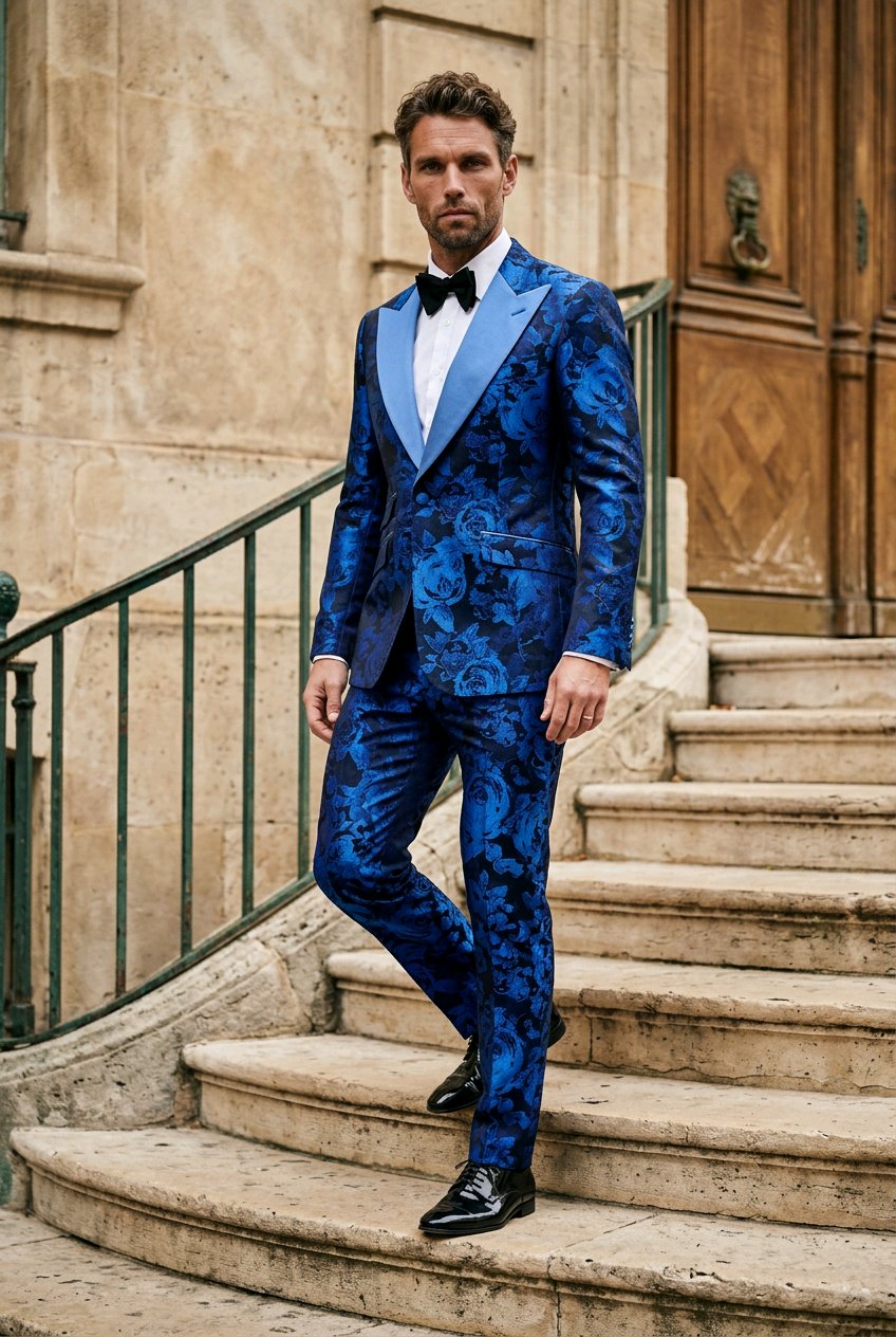 A man wearing a blue floral-patterned tuxedo with satin lapels, a white shirt, and a black bow tie, posing on stone stairs in front of a historic building.