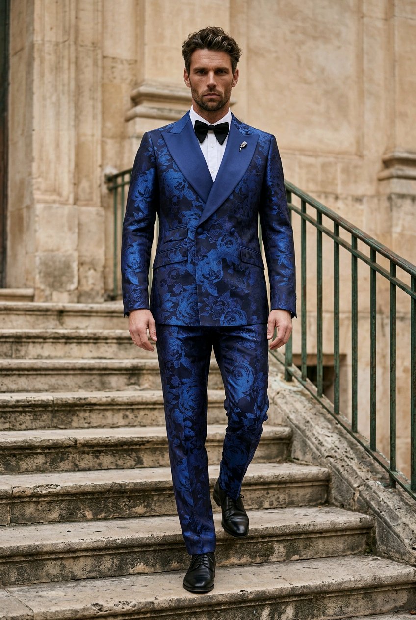 A man wearing a blue patterned double-breasted suit with a black bow tie and black dress shoes, walking down stone stairs in front of a stone building.